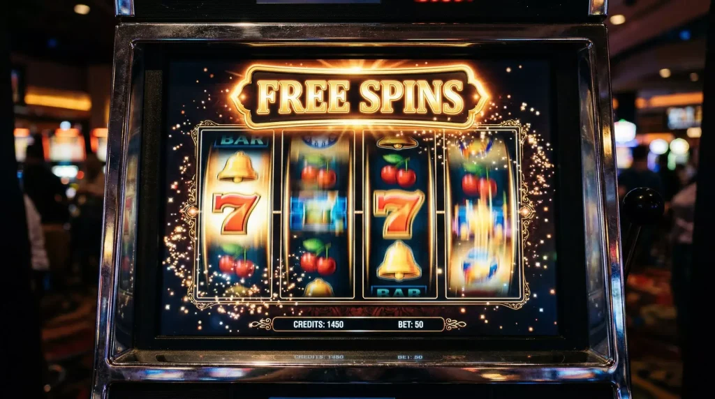 Slot machine reels spinning during a free spins bonus round