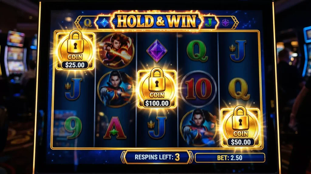Hold and Win slot feature with locked symbols during a respin round