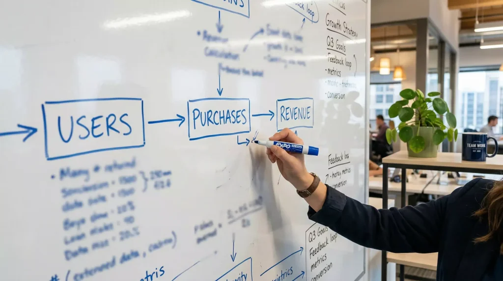 Business analyst reviewing sweepstakes casino revenue model on a whiteboard