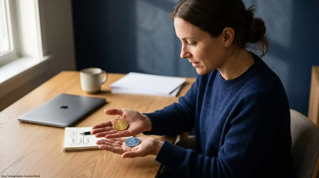 How sweepstakes casinos work — dual currency model with Gold Coins and Sweeps Coins