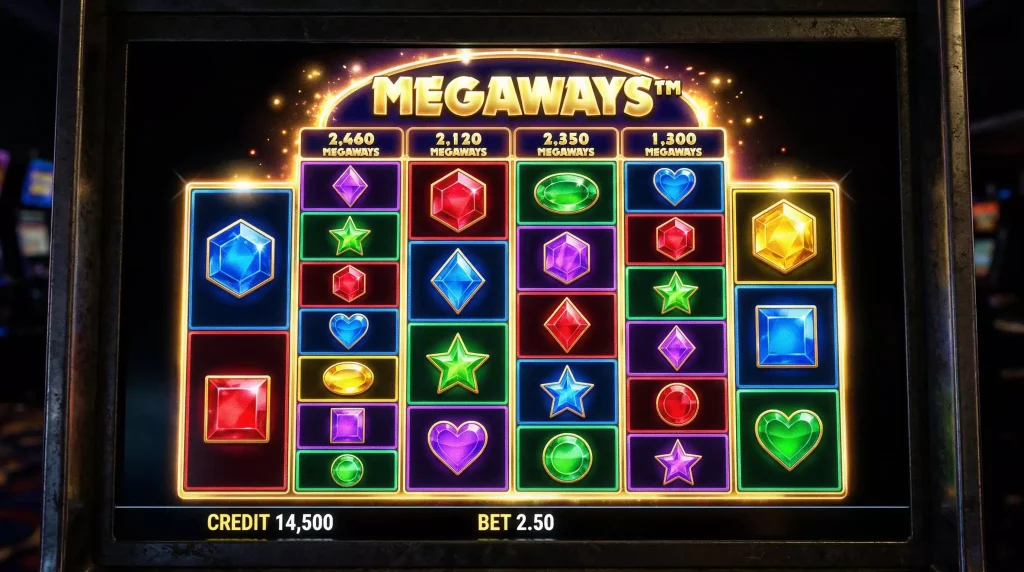 Megaways slot machine reels showing variable reel sizes