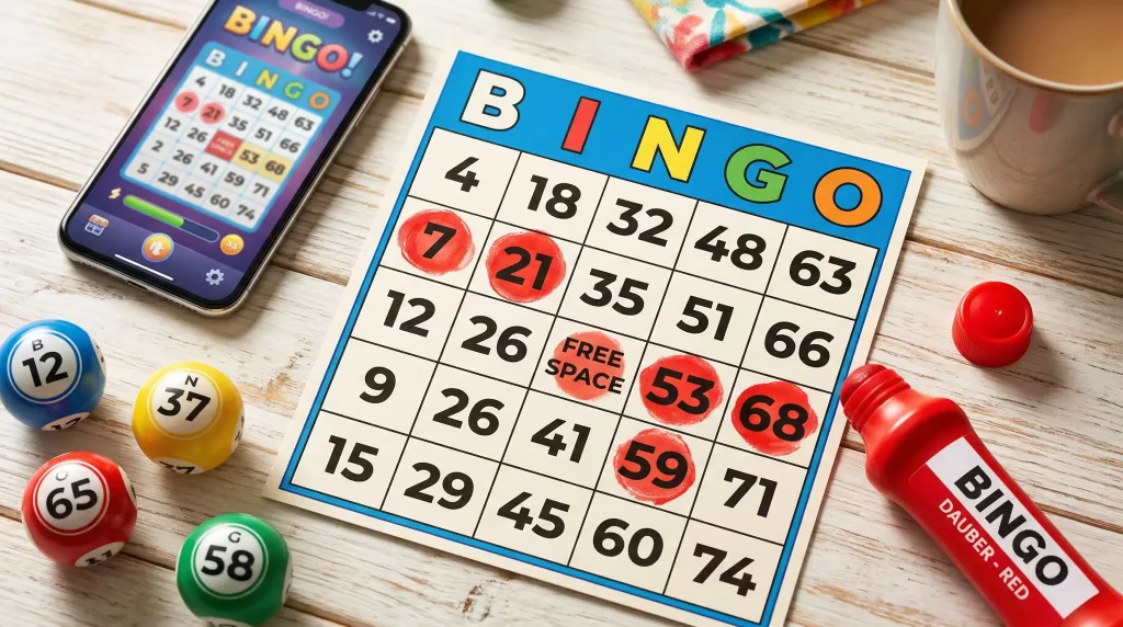 Bingo card and dauber for online sweepstakes casino bingo game
