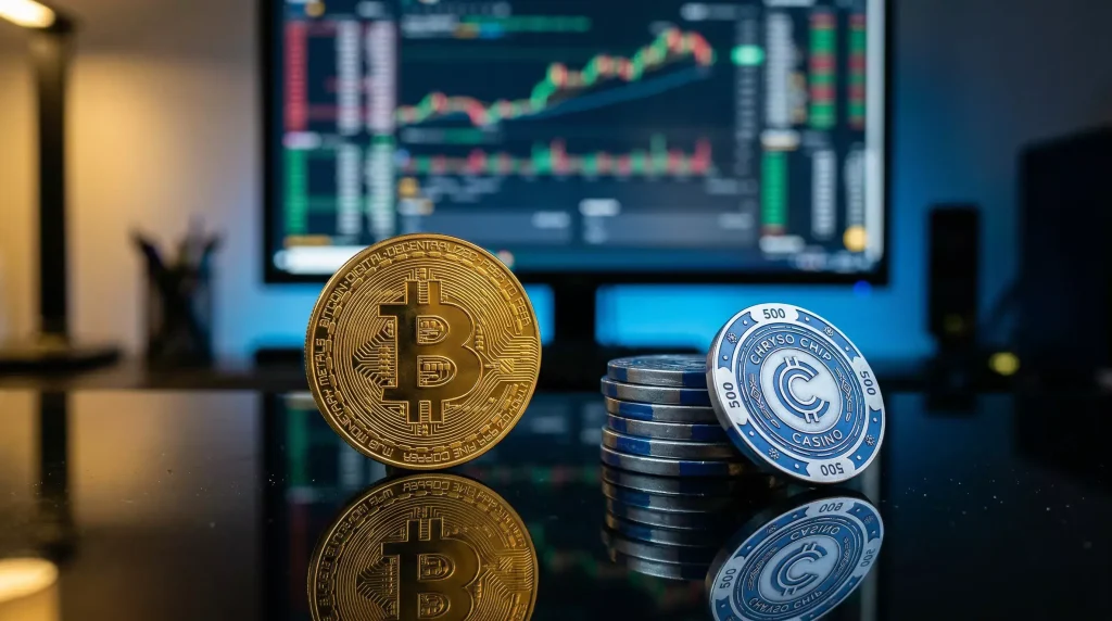 Bitcoin symbol next to sweepstakes casino tokens on a digital display