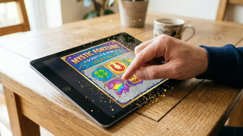 Digital scratch card being revealed on a tablet screen