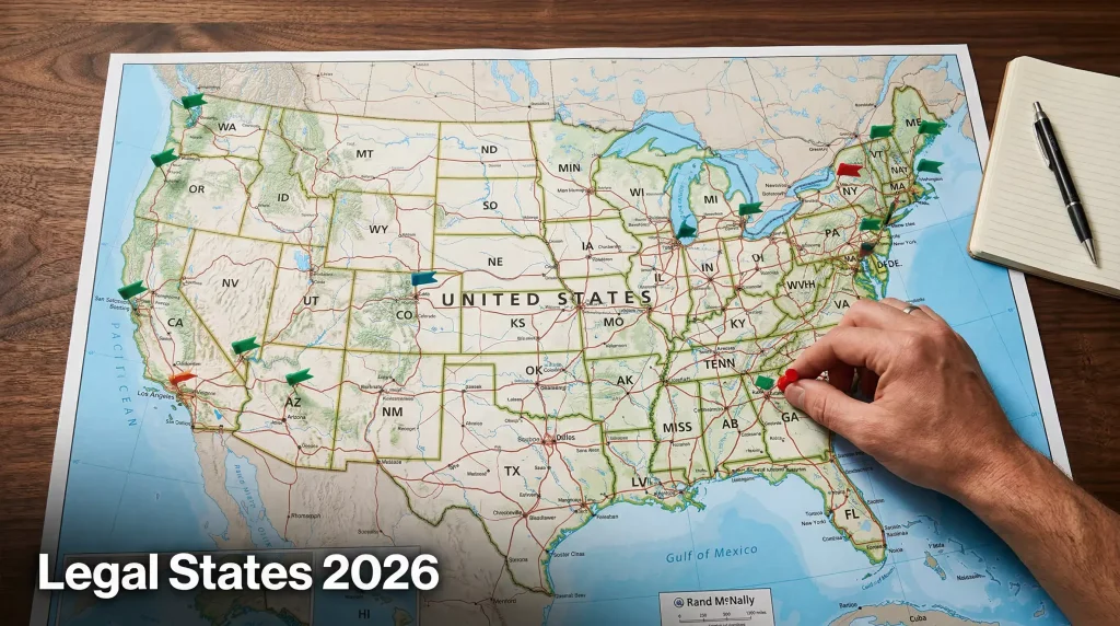 Sweepstakes casino legal states 2026 — US map of bans and pending bills