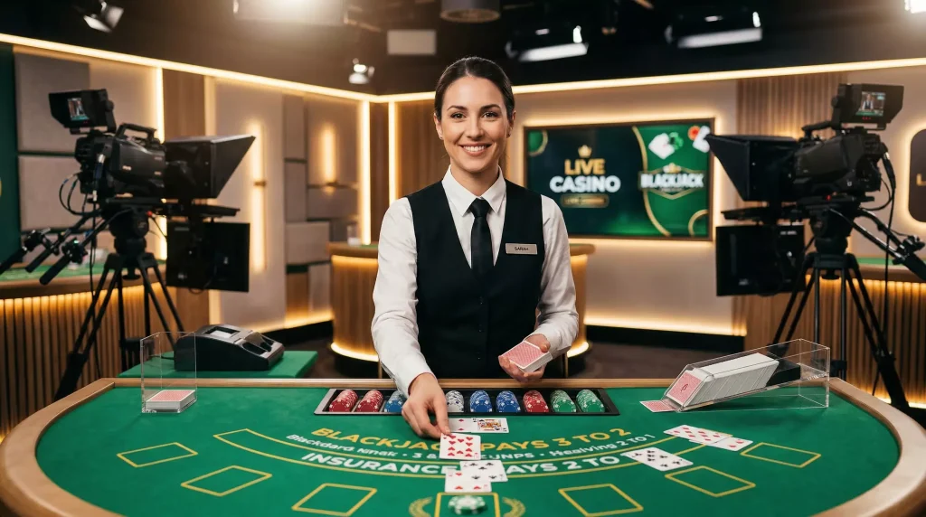 Professional live dealer at a blackjack table in a casino studio