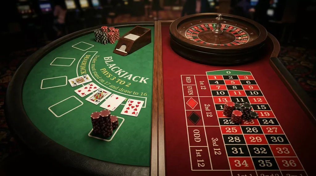 Blackjack and roulette table setup at a sweepstakes casino