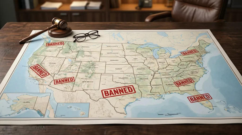 US map highlighting states that banned sweepstakes casinos in 2026