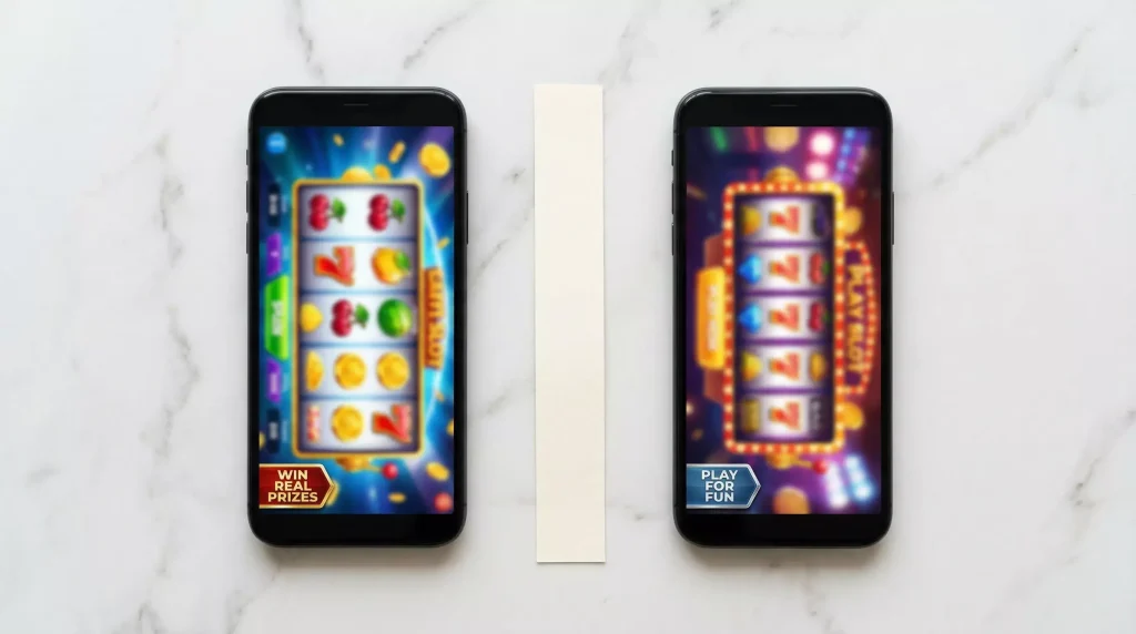 Side-by-side comparison of sweepstakes casino and social casino on two phones